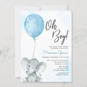 Blue Balloon Oh Boy Elephant Baby Shower Einladung
