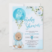 Blue Balloon Oh Boy Teddy Bär Babydusche Einladung (Vorderseite)