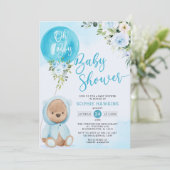 Blue Balloon Oh Boy Teddy Bär Babydusche Einladung (Stehend Vorderseite)