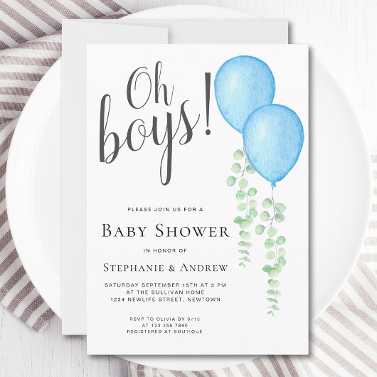 Blue Balloon Oh Boys Couple's Twins Baby Shower Einladung