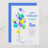 Blue Balloon Party 1. Geburtstag Einladung (Vorne/Hinten)