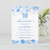 Blue Balloon Sparkle Quinceañera Foto Einladung (Stehend Vorderseite)