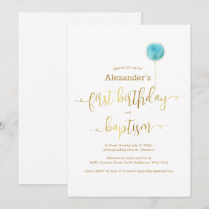 Blue Balloon Taufe & 1. Geburtstags-Gold-Script Einladung