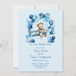 Blue Balloon Teddy Bear Airplane Boy Baby Dusche Einladung
