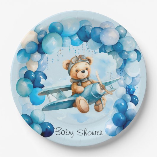 Blue Balloon Teddy Bear Airplane Boy Baby Dusche Pappteller (Vorderseite)