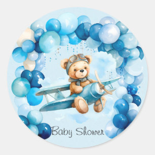 Blue Balloon Teddy Bear Airplane Boy Baby Dusche Runder Aufkleber