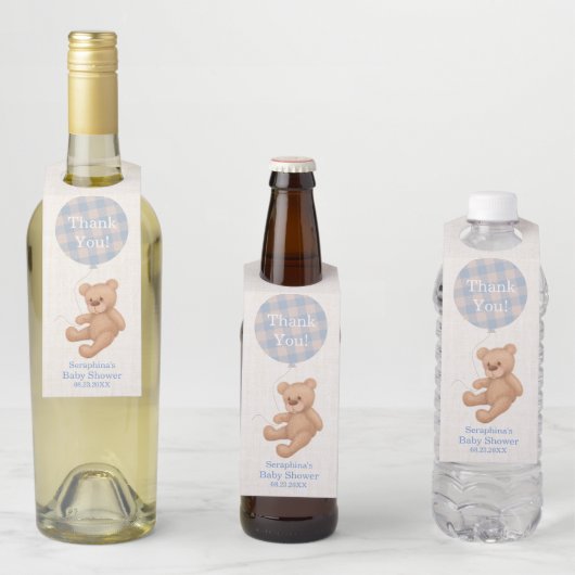 Blue Balloon Teddy Bear Baby Dusche Danke Flaschenanhänger (Beispiel)