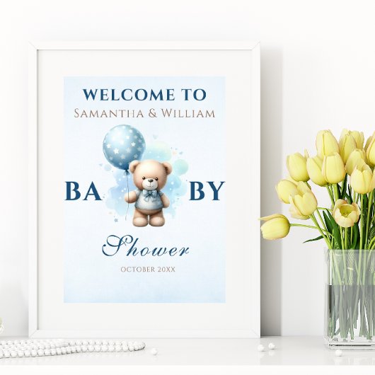 Blue Balloon Teddy Bear Boy Baby Dusche Poster