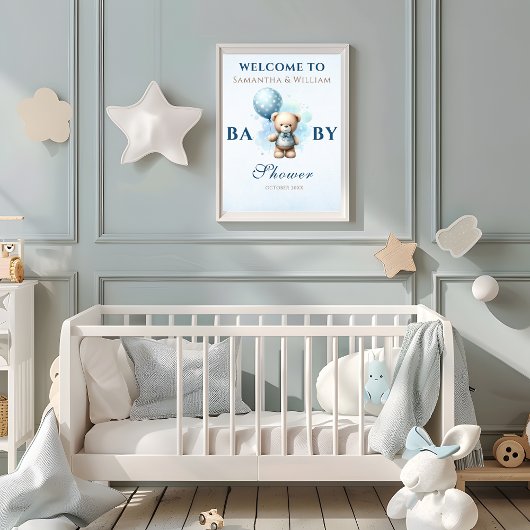 Blue Balloon Teddy Bear Boy Baby Dusche Poster