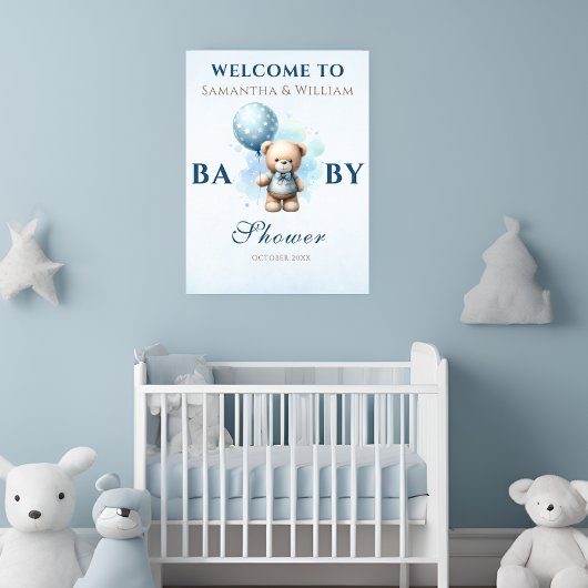 Blue Balloon Teddy Bear Boy Baby Dusche Poster