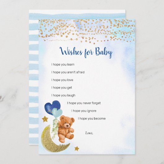 Blue Balloon Teddy Bear wünscht Baby Game Card Einladung (Vorne/Hinten)