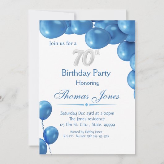 Blue Balloons 70. Geburtstag Einladung (Vorderseite)