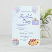 Blue Balloons and Gifts Birthday Invitation - Cust Einladung (Stehend Vorderseite)