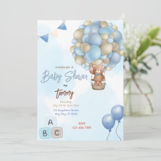 Blue Balloons Baby Shower Einladung (Stehend Vorderseite)
