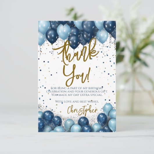 Blue Balloons Birthday Dankeskarte (Stehend Vorderseite)