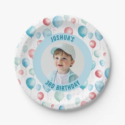 Blue Balloons Birthday Foto Pappteller (Vorderseite)