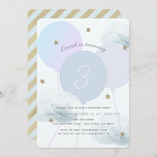 Blue Balloons & Clouds Geburtstagsparty Einladung (Vorne/Hinten)