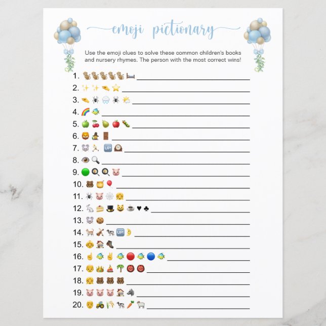 Blue Balloons Emoji Books Baby Shower Game (Vorderseite)