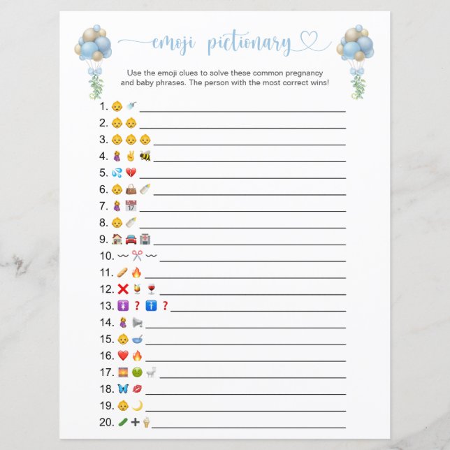 Blue Balloons Emoji Pictionary Baby Showspiel (Vorderseite)