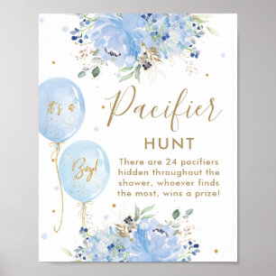 Blue Balloons Floral Boy Baby Schnuller Hunt Game Poster