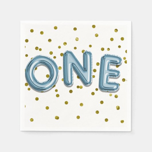 Blue Balloons Gold Confetti 1. Geburtstag Party Serviette (Vorderseite)