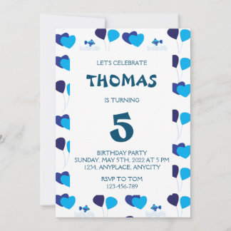 Blue Balloons Hearts Boy Kindergeburtstag Party Einladung