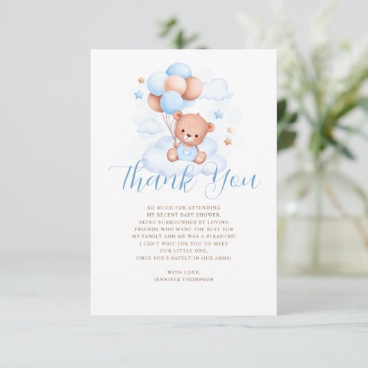 Blue Balloons Teddy Bear Baby Dusche Dankeskarte (Stehend Vorderseite)