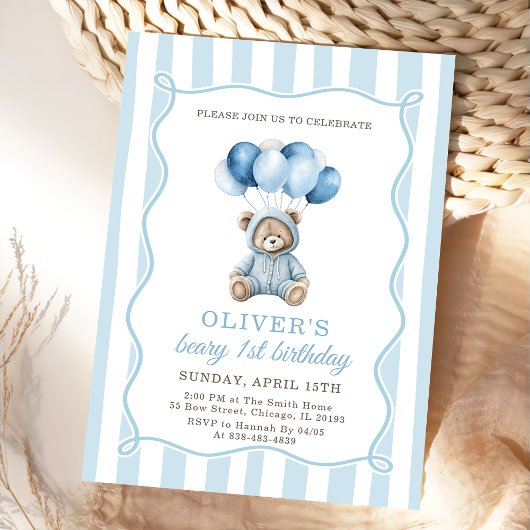 Blue Balloons Teddy Bear Birthday Invitation Einladung