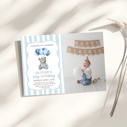 Blue Balloons Teddy Bear Birthday Invitation  Einladung