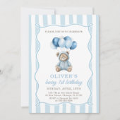 Blue Balloons Teddy Bear Birthday Invitation Einladung (Vorderseite)