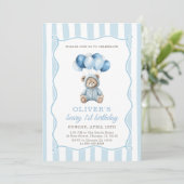 Blue Balloons Teddy Bear Birthday Invitation Einladung (Stehend Vorderseite)