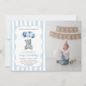 Blue Balloons Teddy Bear Birthday Invitation  Einladung (Vorderseite)