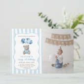 Blue Balloons Teddy Bear Birthday Invitation  Einladung (Stehend Vorderseite)