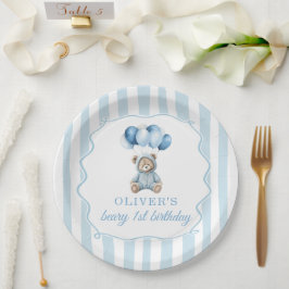Blue Balloons Teddy Bear Birthday Paper Plate Pappteller