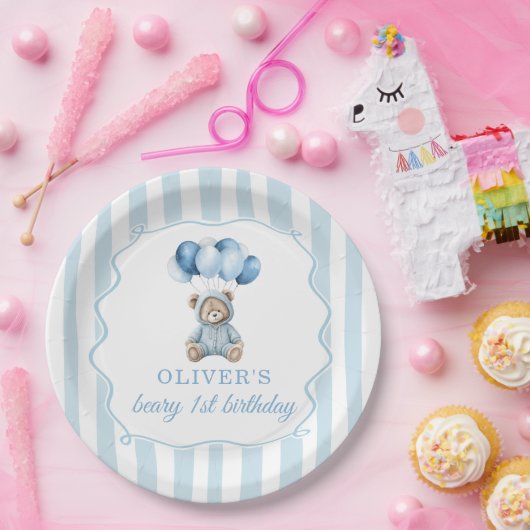 Blue Balloons Teddy Bear Birthday Paper Plate Pappteller (Party)