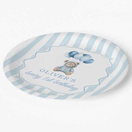 Blue Balloons Teddy Bear Birthday Paper Plate Pappteller (Schrägansicht)