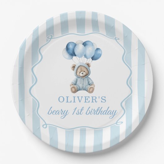 Blue Balloons Teddy Bear Birthday Paper Plate Pappteller (Vorderseite)