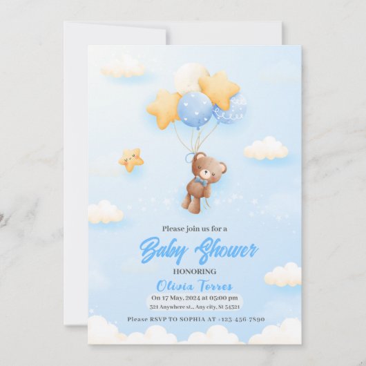 Blue Balloons, Teddy Bear Boy Babydusche Einladung (Vorderseite)