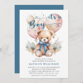 Blue Balloons Teddy Bear Niedlich Boy Baby Dusche Einladung (Vorne/Hinten)