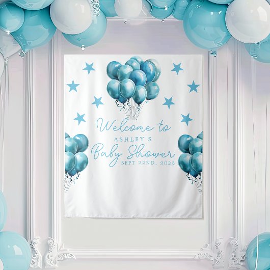 Blue Balloons Watercolor Boy Baby Dusche Hintergru Wandteppich