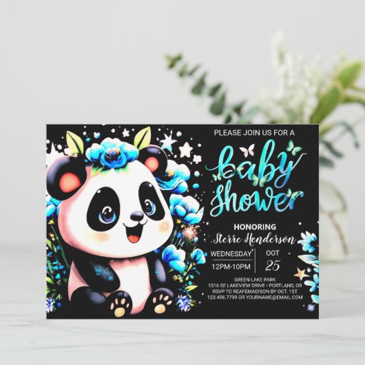 Blue Bamboo Panda Dreamland Boy Baby Dusche Einladung (Stehend Vorderseite)