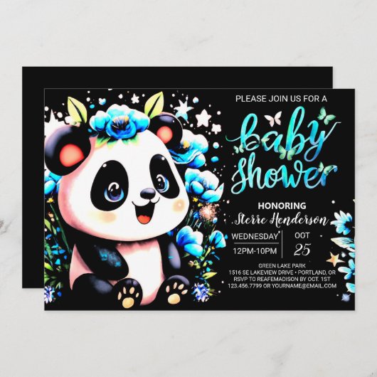 Blue Bamboo Panda Dreamland Boy Baby Dusche Einladung (Vorne/Hinten)