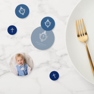 Blue Baptism Boy Foto Elegantes Vintages Wappen Kr Konfetti