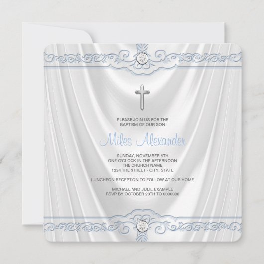 Blue Baptisse Christening White Satin Einladung (Vorderseite)