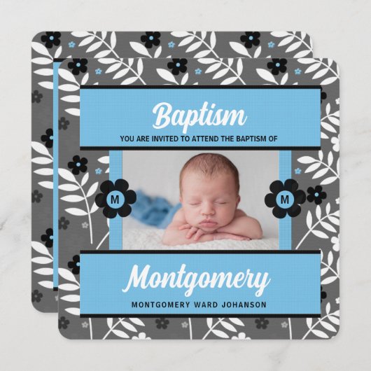 Blue Baptisse für Baby Boy Monogram und Foto Einladung (Vorne/Hinten)