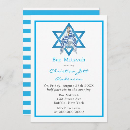 Blue Bar Mitzvah Star der David-Einladung Einladung (Vorne/Hinten)