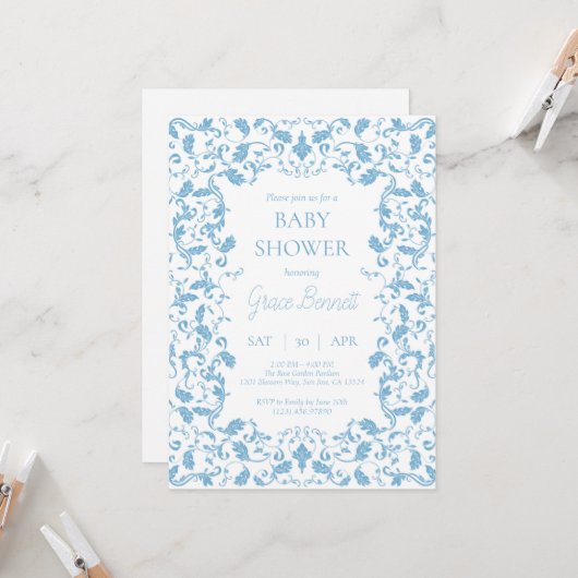 Blue Baroque Baby Dusche Einladung (Vorderseite/Rückseite Beispiel)