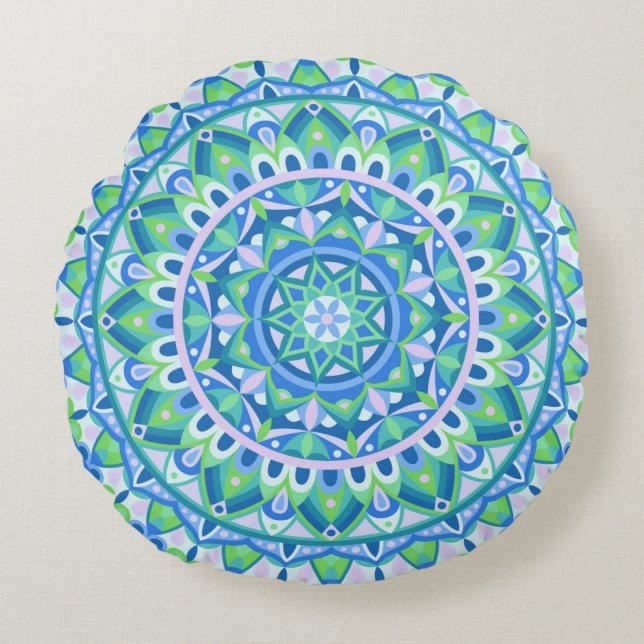 Blue Base Mandala Round Pillow Rundes Kissen (Vorderseite)