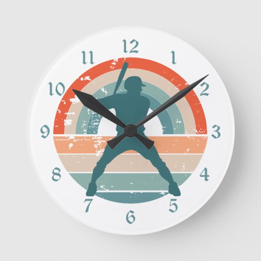 Blue Baseball Batter Retro Rainbow Runde Wanduhr (Vorderseite)