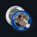 Blue Baseball Player Photo High School Spirit Button<br><div class="desc">This cool customized high school baseball player photo gift features white typography of your team and player name on a blue button with a ball. Personalize with your student's photograph and class year as a proud sports parent. A mom and dad can wear these buttons to sports games.</div>